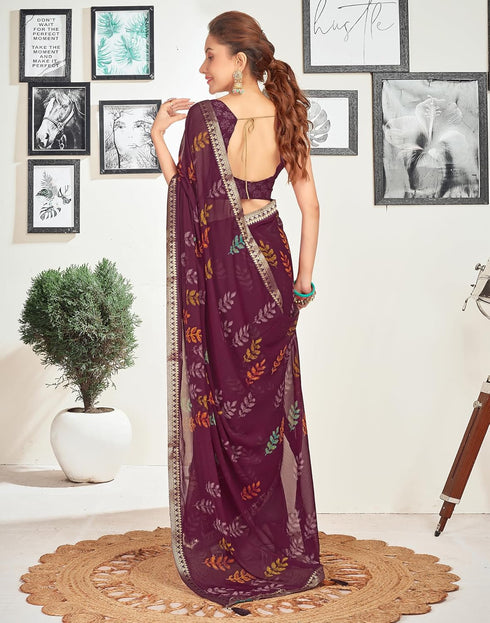 Vasthrlay Chiffon Tassels Unstitched Dark Green Saree