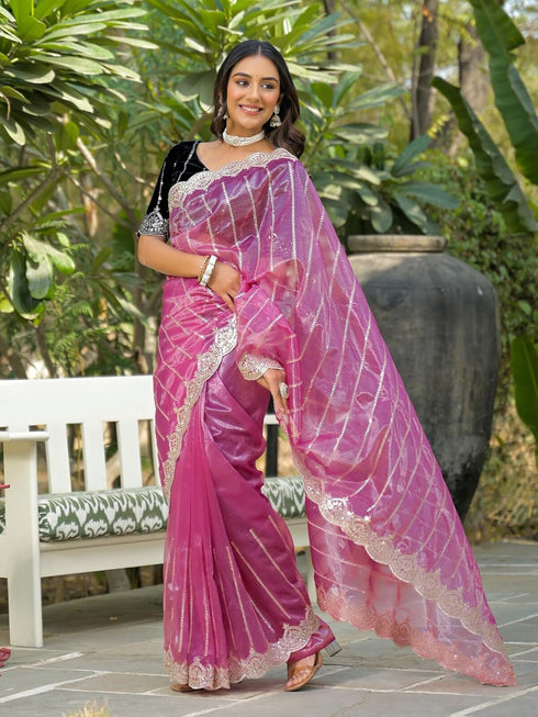 Vasthrlay Sequins Embroidery Turquoise Saree