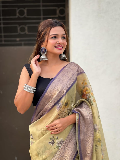 Vasthrlay Kanjivaram Organza Kalamkari Cream Purple Ethnic Wear