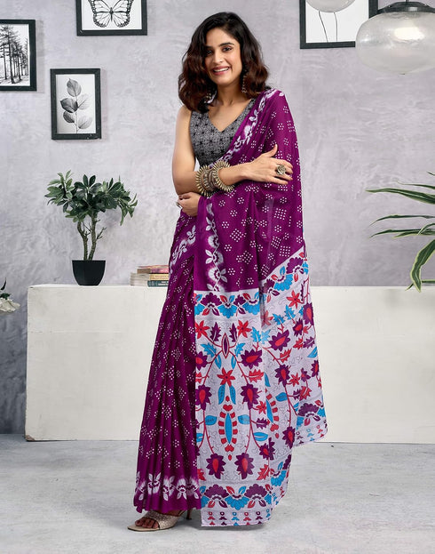 Vasthrlay Womens Printed Wine Saree With Grey Unstitched Blouse Piece