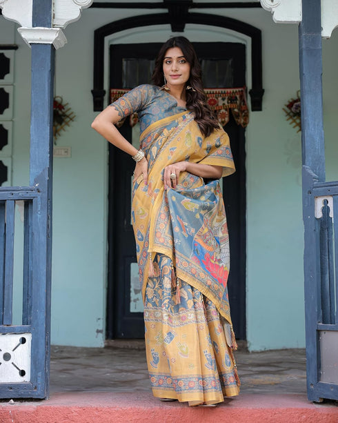Vasthrlay Handloom Traditional Lue Grey Saree