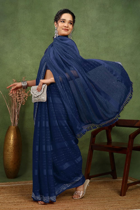 Vasthrlay Fashion Georgette Stripes Navy Ethnic Wear