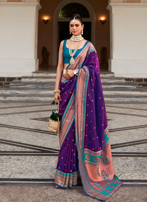 Vasthrlay Women's Paithani Unstitched Blouse Saree