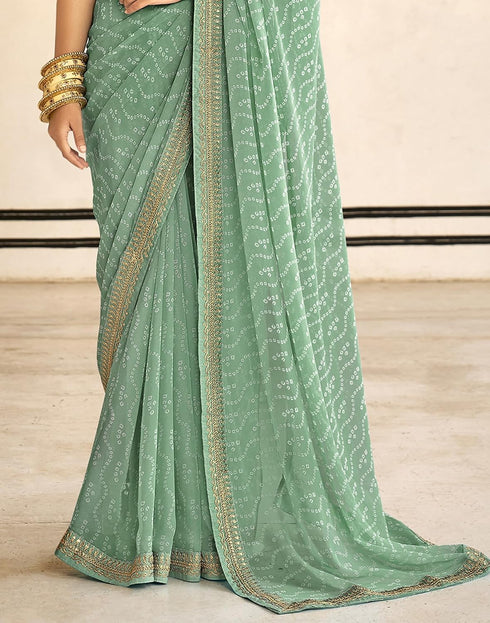 Vasthrlay Embroidery Georgette Mint Green Saree With Unstitched Blouse Piece