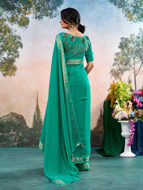Vasthrlay Chiffon Jacquard Teal Green Saree With Unstitched Blouse Piece