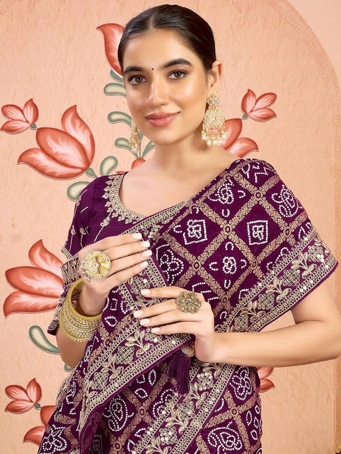 Vasthrlay Georgette Embroidery Dark Purple Saree With Multicolour Unstitched Blouse Piece