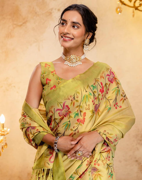 Vasthrlay Shimmer Printed Unstitched Beige Saree