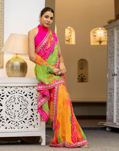 Vasthrlay Georgette Embroidery Multicolour Saree With Unstitched Blouse Piece
