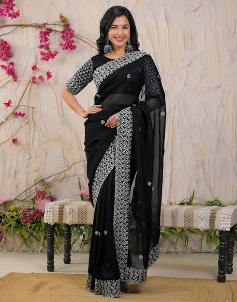 Vasthrlay Embroidery Scalloped Unstitched Maroon Saree