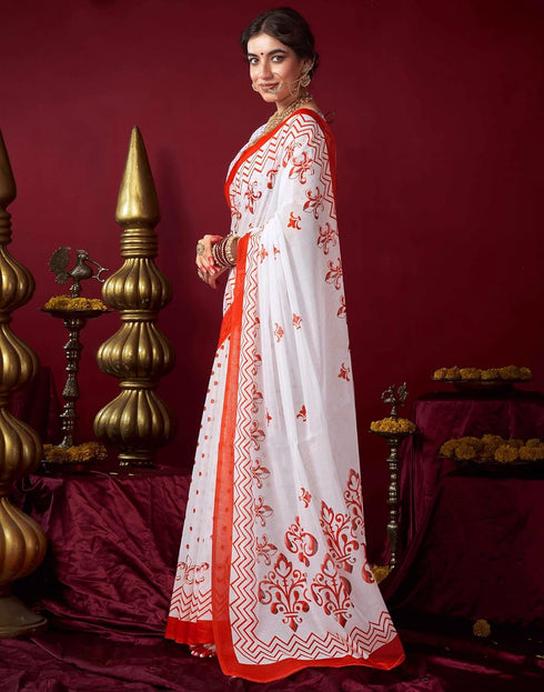 Vasthrlay Womens Printed Unstitched White Saree