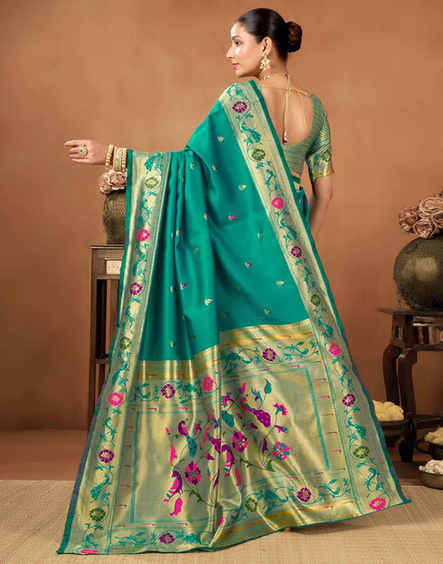 Vasthrlay Womens Paithani Unstitched Dark Green Saree