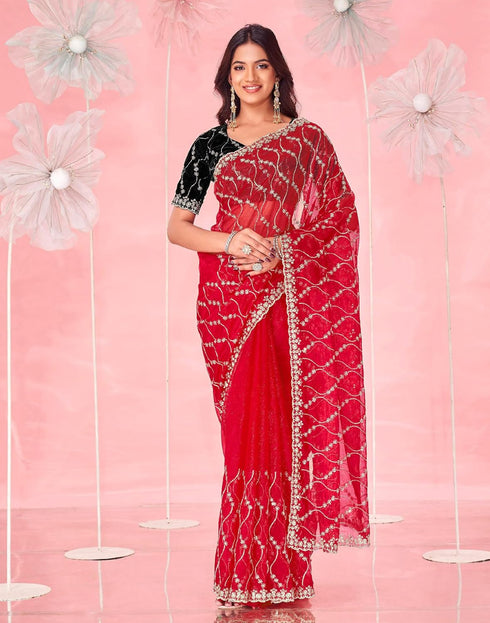 Vasthrlay Embroidery Scalloped Unstitched Red Saree
