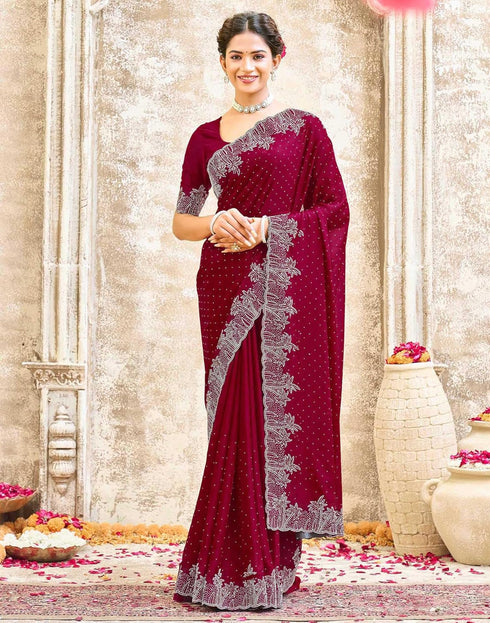 Vasthrlay Womens Scalloped Unstitched Maroon Saree