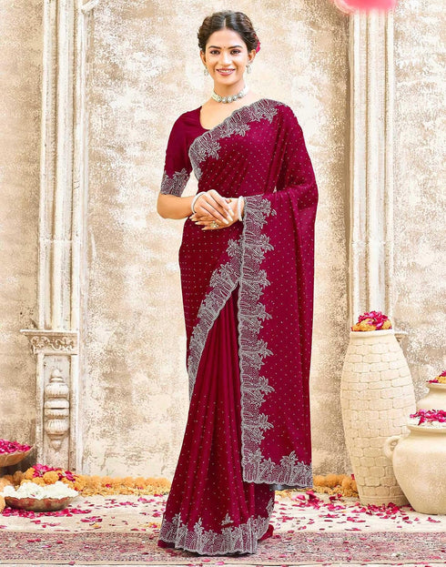 Vasthrlay Womens Scalloped Maroon Saree With Unstitched Blouse Piece