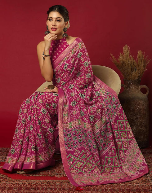 Vasthrlay Georgette Bandhani Unstitched Dark Green Saree