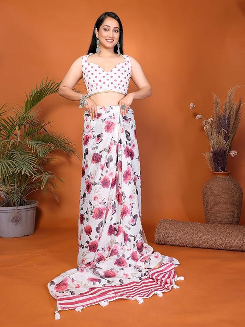 Vasthrlay White Womens Linen Ready To Wear Saree