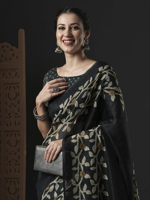 Vasthrlay Botanical Printed Unstitched Black Hs Ethnic Wear