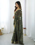 Vasthrlay Georgette Printed Green Saree With Red Unstitched Blouse Piece