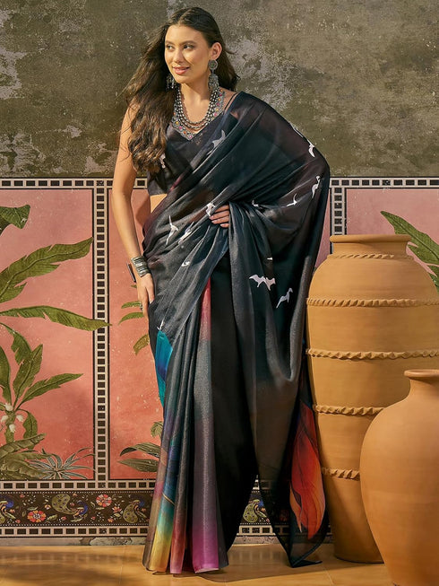 Vasthrlay Shimmer Georgette Unstitched Black Saree