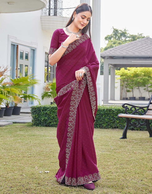 Vasthrlay Georgette Scalloped Rani Pink Saree With Unstitched Blouse Piece