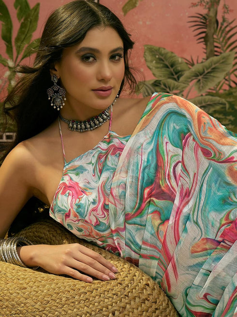 Vasthrlay Printed Off White Off White Saree