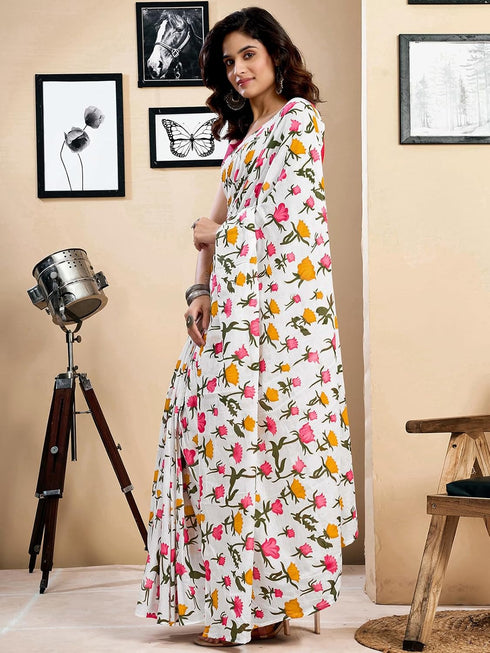 Vasthrlay Womens Printed Unstitched White Saree