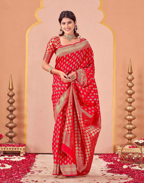 Vasthrlay Kanjivaram Jacquard Red Saree With Unstitched Blouse Piece