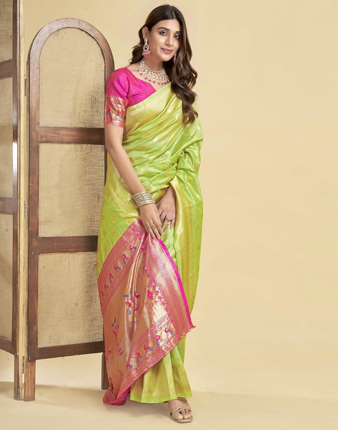 Vasthrlay Womens Jacquard Unstitched Lime Green Saree