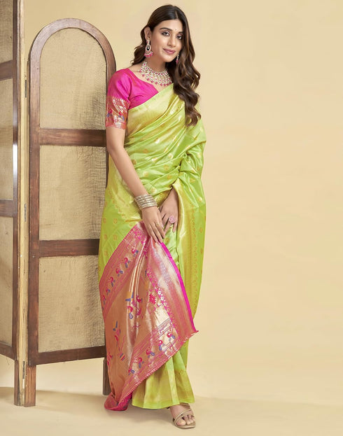 Vasthrlay Womens Jacquard Lime Green And Pink Saree With Unstitched Blouse Piece