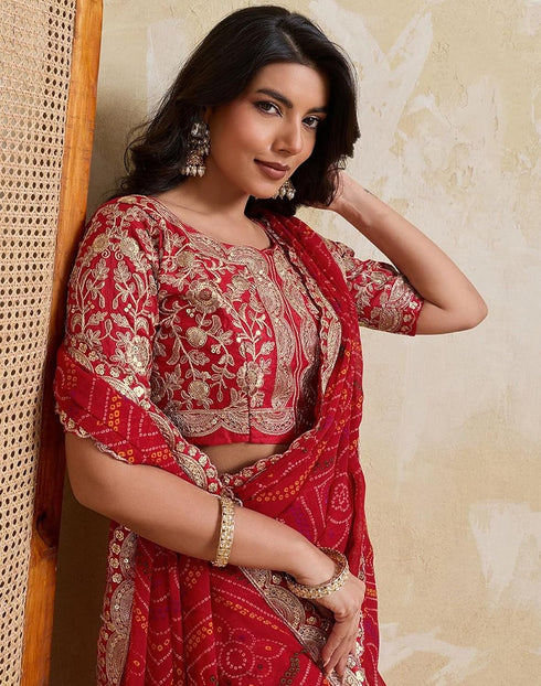 Vasthrlay Georgette Embroidery Unstitched Red Saree