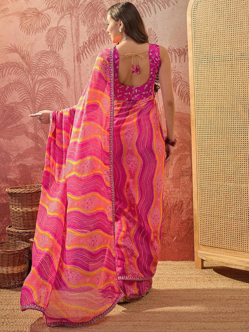 Vasthrlay Chiffon Bandhani Multicolour Saree With Unstitched Blouse Piece
