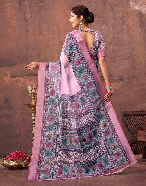 Vasthrlay Special Printed Pink Saree With Unstitched Blouse Piece