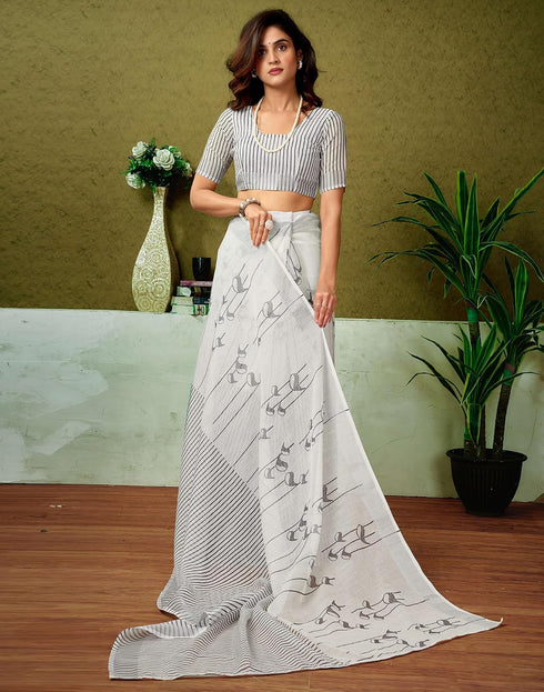 Vasthrlay Womens Cotton Printed Off White Saree With Unstitched Blouse Piece