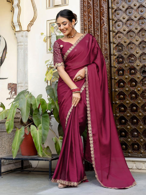 Vasthrlay Sequins Embroidery Unstitched Maroon Saree