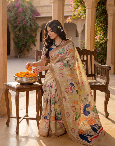 Vasthrlay Banglori Printed Unstitched Peach Saree