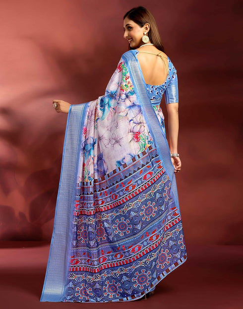 Vasthrlay Printed Jacquard Light Blue Saree With Unstitched Blouse Piece