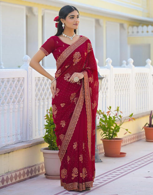 Vasthrlay Georgette Embroidery Unstitched Maroon Saree