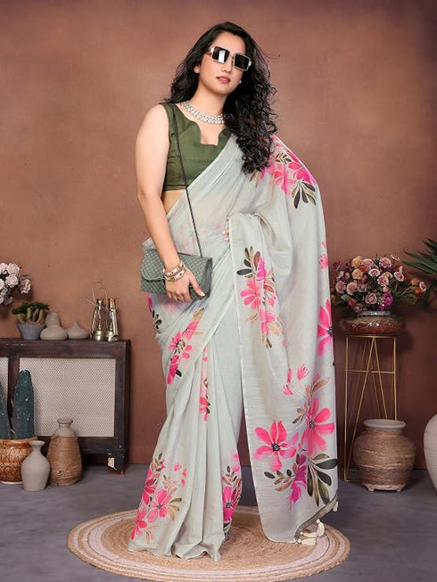 Vasthrlay Off White Floral Printed Design Linen Saree With Solid Unstitched Linen Blouse Piece