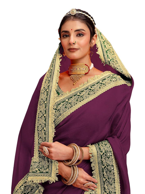 Vasthrlay Vichitra Embroidery Unstitched Red Saree