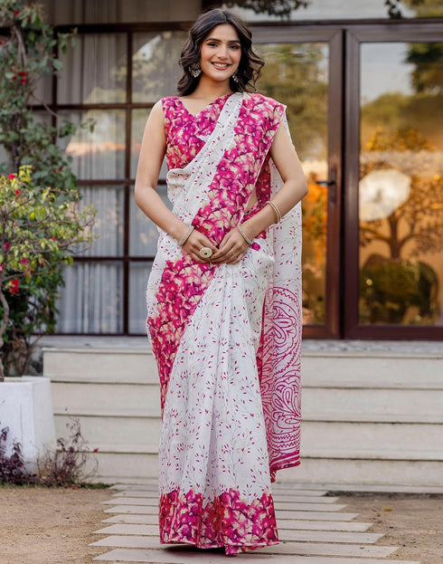 Vasthrlay Womens Printed Unstitched White Saree