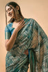 Vasthrlay Silver Grey Geometric Triangle Print Polyester Saree With Muted Gold Zari Border And Teal Blue Ruched Unstitched Blouse Piece