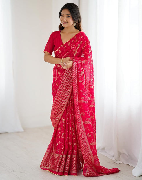 Vasthrlay Georgette Weaving Unstitched Red Saree