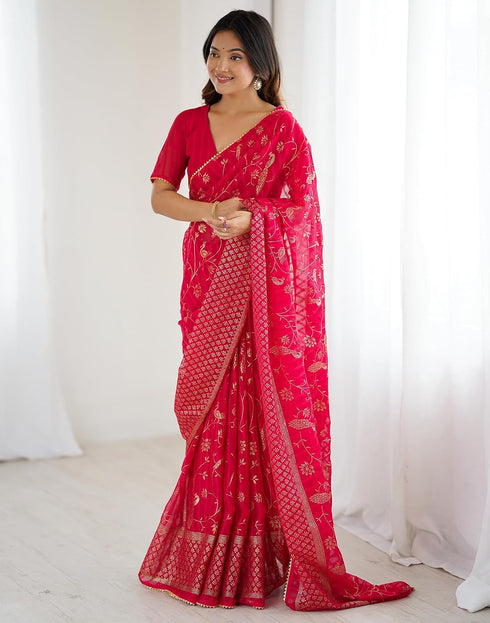 Vasthrlay Georgette Weaving Pink Saree With Unstitched Blouse Piece