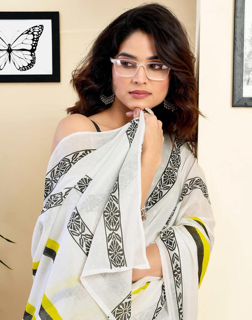 Vasthrlay Womens Printed Unstitched White Saree