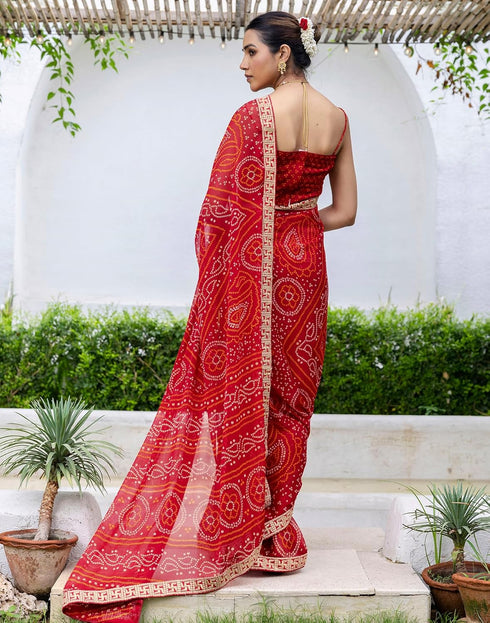 Vasthrlay Bandhani Embroidery Unstitched Red Saree