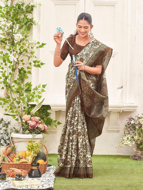 Vasthrlay Womens Printed Off-White Saree With Brown Unstitched Blouse Piece