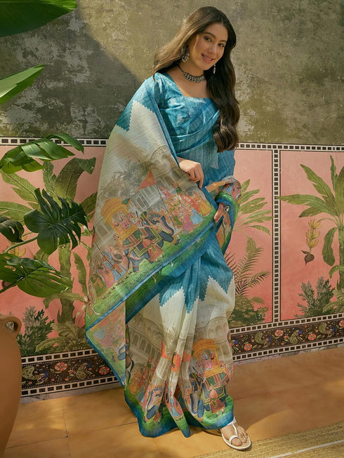 Vasthrlay Shimmer Printed Unstitched Lime Green Saree