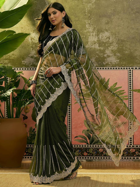 Vasthrlay Embroidery Scalloped Unstitched Pink Saree