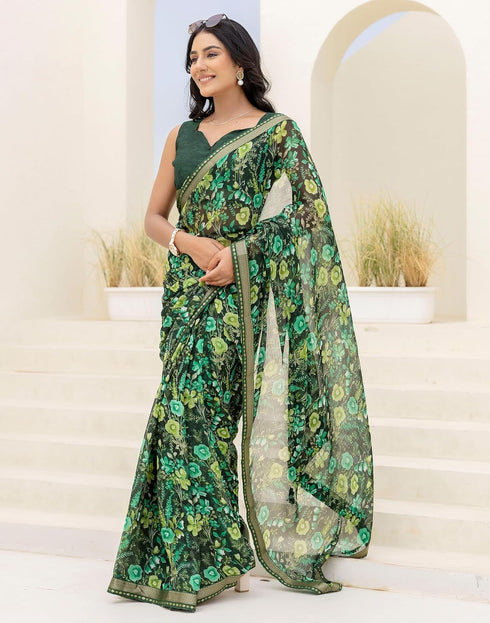 Vasthrlay Chiffon Tassels Unstitched Dark Green Saree