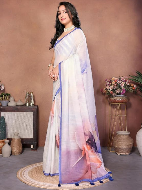 Vasthrlay White 2 Floral Printed Design Linen Saree With Solid Unstitched Linen Blouse Piece